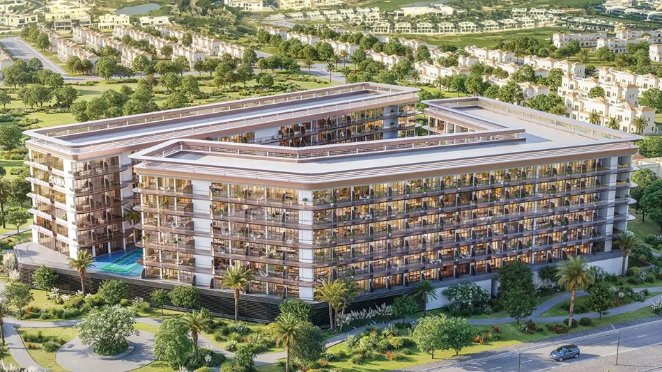 Aerial render of the Portside by Samana masterplan showing the courtyard building, rooftop terraces and landscaped grounds