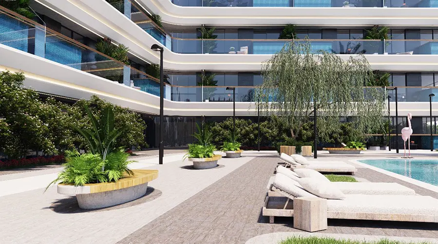 Podium level render at Portside by Samana with pool deck, sun loungers and landscaped planting
