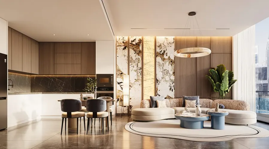 Interior render of a Portside by Samana apartment showing an open-plan living and dining space with a marble feature wall